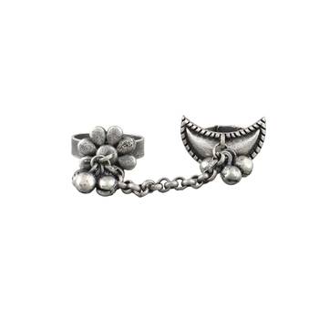 Sasha brass silver oxidised two finger trible style ring for women and girls 3