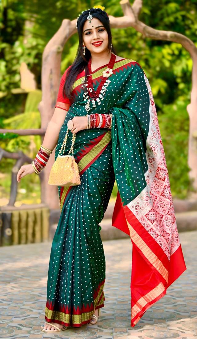 Green Sambhalpuri Satin Hazaar Booti Saree