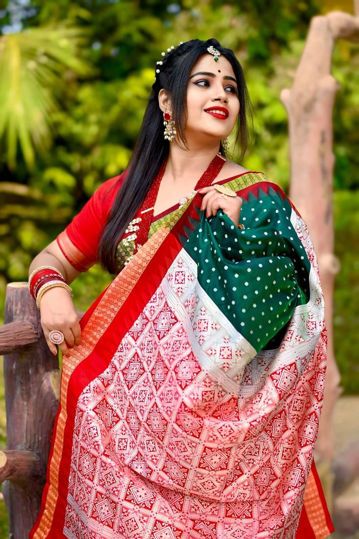 Green Sambhalpuri Satin Hazaar Booti Saree