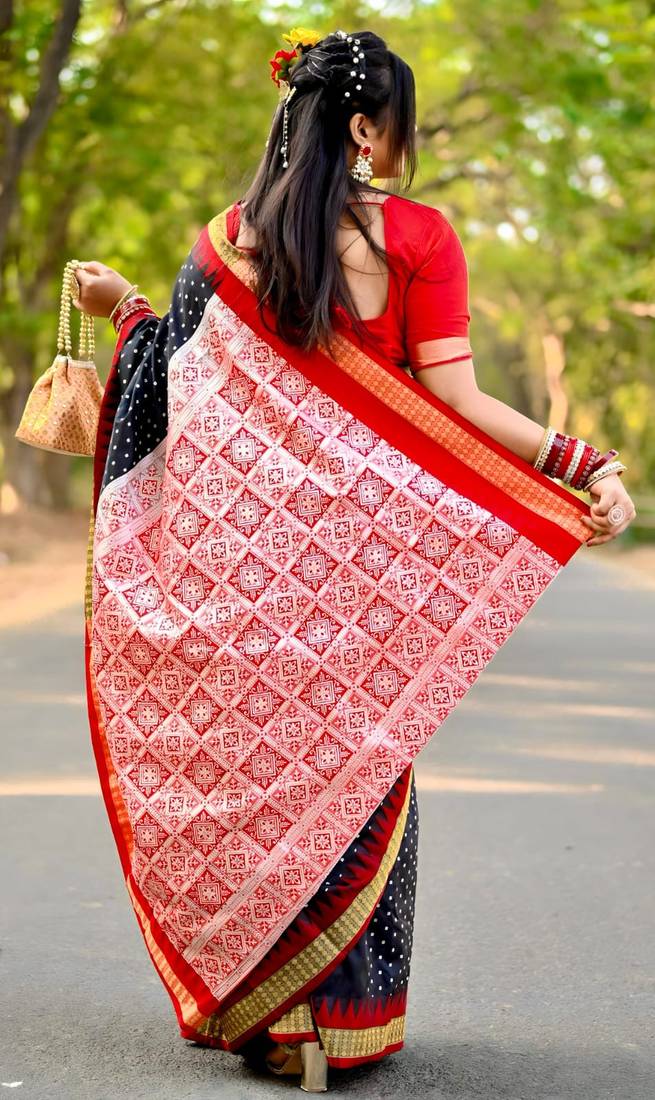 Navy_Blue Sambhalpuri Satin Hazaar Booti Saree