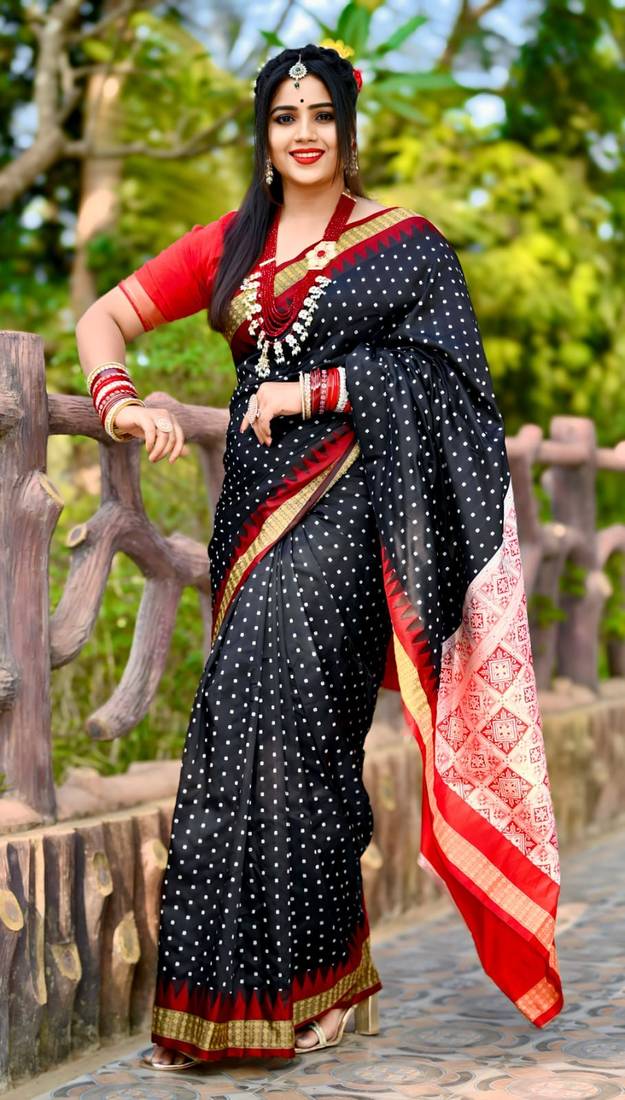 Navy_Blue Sambhalpuri Satin Hazaar Booti Saree