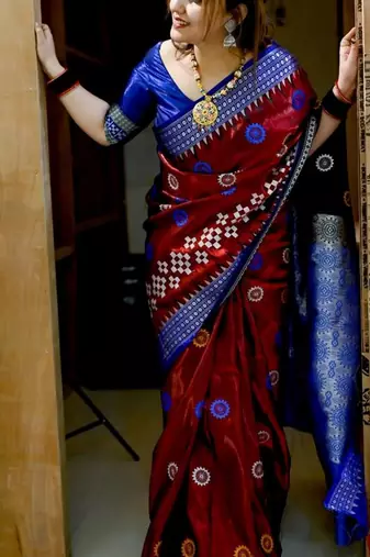 Maroon Sambhalpuri Satin Silk Saree With Passapalli Resham Embroidry Work Saree