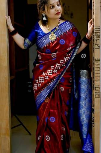Maroon Sambhalpuri Satin Silk Saree With Passapalli Resham Embroidry Work Saree
