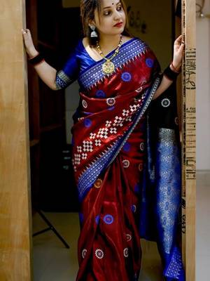 Maroon Sambhalpuri Satin Silk Saree With Passapalli Resham Embroidry Work Saree 1