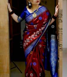 Maroon Sambhalpuri Satin Silk Saree With Passapalli Resham Embroidry Work Saree