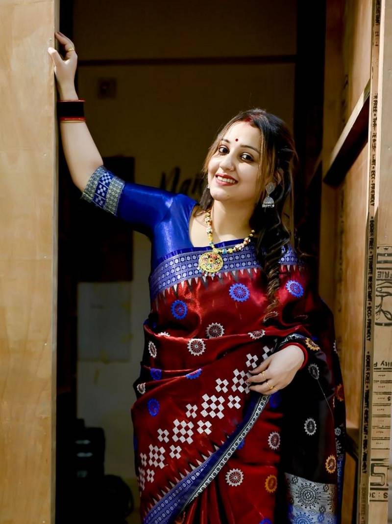 Maroon Sambhalpuri Satin Silk Saree With Passapalli Resham Embroidry Work Saree