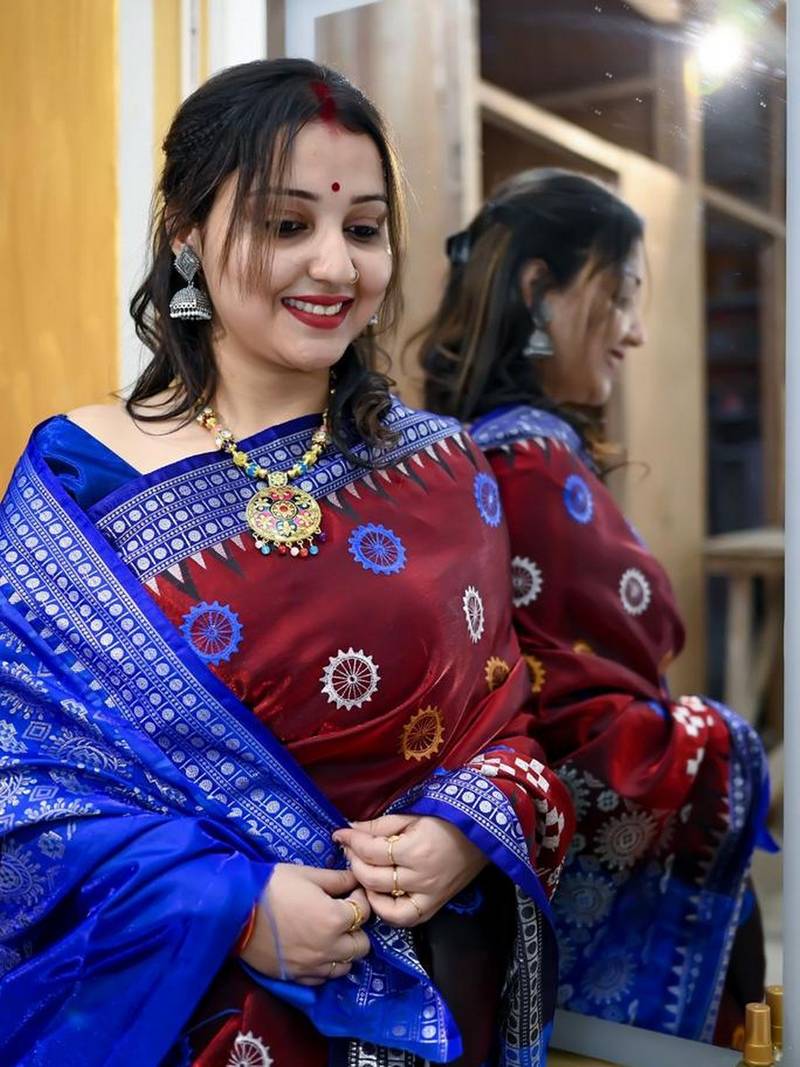 Maroon Sambhalpuri Satin Silk Saree With Passapalli Resham Embroidry Work Saree