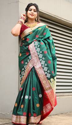 Green Sambhalpuri Satin Silk Saree With Passapalli Resham Embroidry Work Saree 1