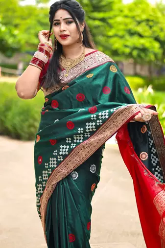 Green Sambhalpuri Satin Silk Saree With Passapalli Resham Embroidry Work Saree