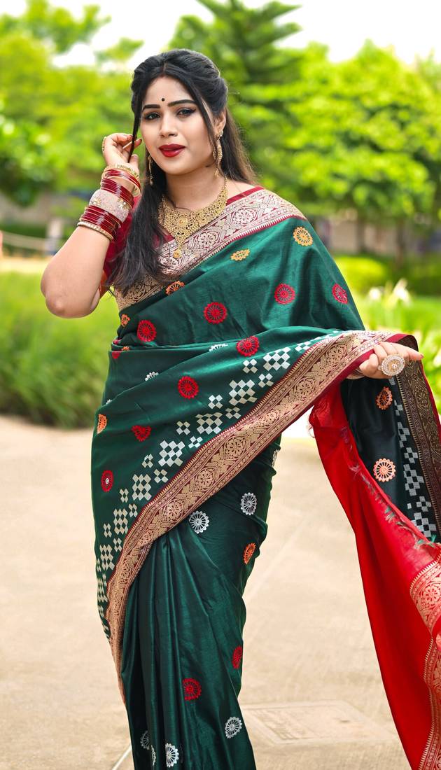 Green Sambhalpuri Satin Silk Saree With Passapalli Resham Embroidry Work Saree