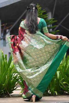 Green Sambhalpuri Satin Silk Saree With Passapalli Resham Embroidry Work Saree 3