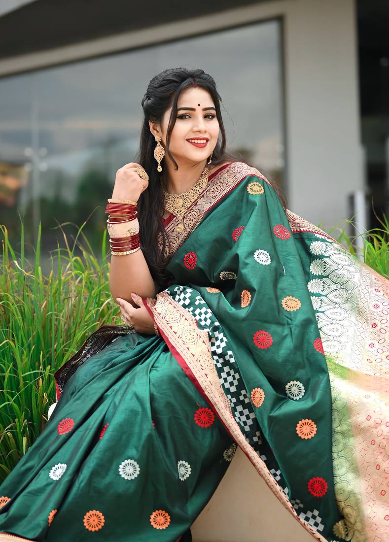 Green Sambhalpuri Satin Silk Saree With Passapalli Resham Embroidry Work Saree