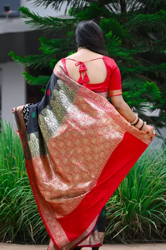 Black Sambhalpuri Satin Silk Saree With Passapalli Resham Embroidry Work Saree