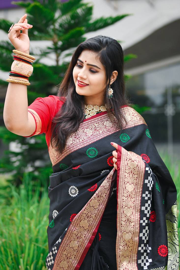 Black Sambhalpuri Satin Silk Saree With Passapalli Resham Embroidry Work Saree