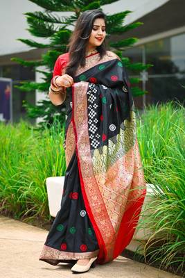 Black Sambhalpuri Satin Silk Saree With Passapalli Resham Embroidry Work Saree 1