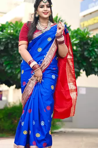 Blue Sambhalpuri Satin Silk Saree With Passapalli Resham Embroidry Work Saree