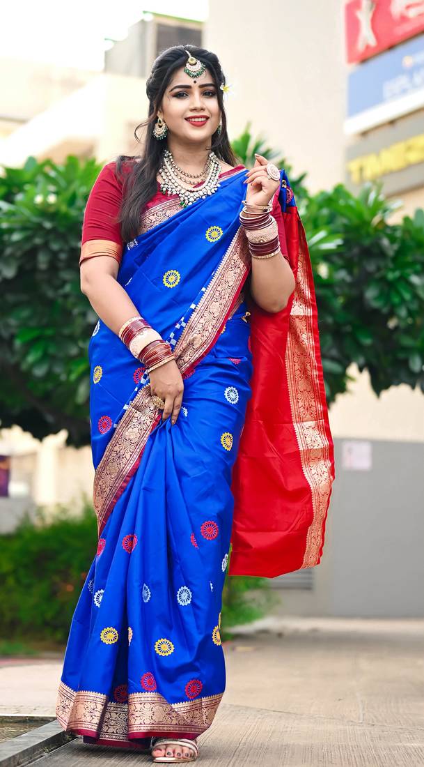 Blue Sambhalpuri Satin Silk Saree With Passapalli Resham Embroidry Work Saree