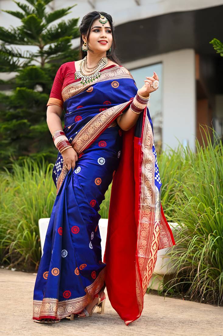 Blue Sambhalpuri Satin Silk Saree With Passapalli Resham Embroidry Work Saree