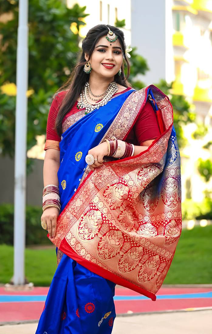 Blue Sambhalpuri Satin Silk Saree With Passapalli Resham Embroidry Work Saree