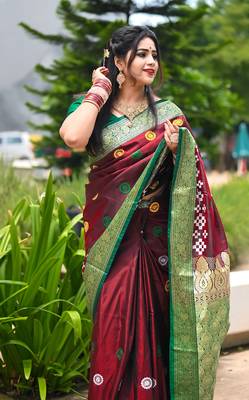 Maroon Sambhalpuri Satin Silk Saree With Passapalli Resham Embroidry Work Saree 1