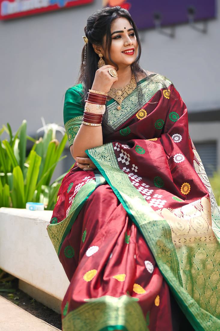 Maroon Sambhalpuri Satin Silk Saree With Passapalli Resham Embroidry Work Saree