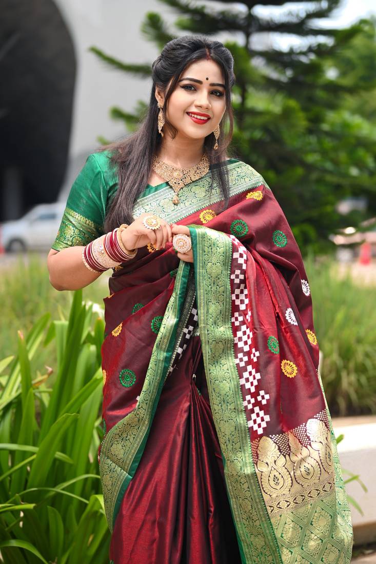 Maroon Sambhalpuri Satin Silk Saree With Passapalli Resham Embroidry Work Saree