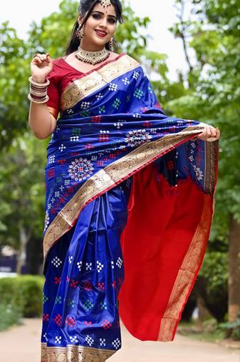 Blue Sambhalpuri Satin Silk Saree With Passapalli Resham Embroidry Work Saree