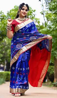 Blue Sambhalpuri Satin Silk Saree With Passapalli Resham Embroidry Work Saree 1