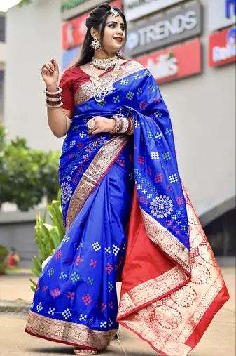Blue Sambhalpuri Satin Silk Saree With Passapalli Resham Embroidry Work Saree