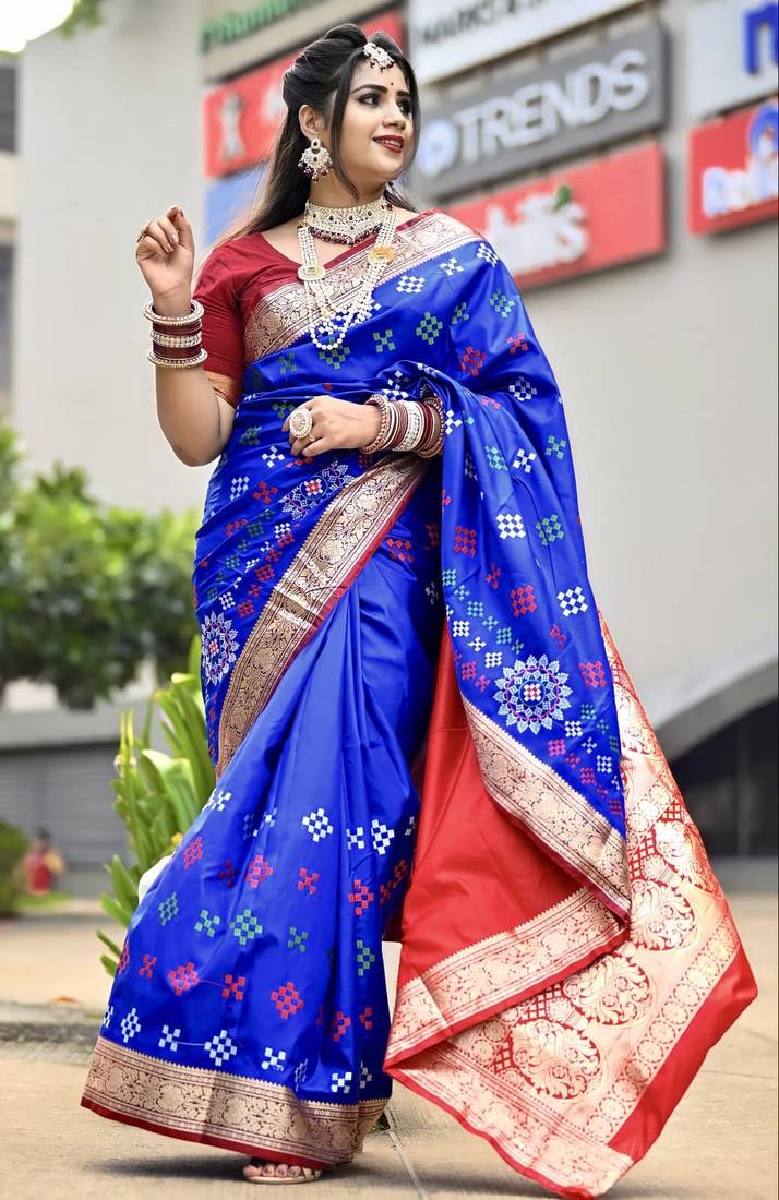 Blue Sambhalpuri Satin Silk Saree With Passapalli Resham Embroidry Work Saree