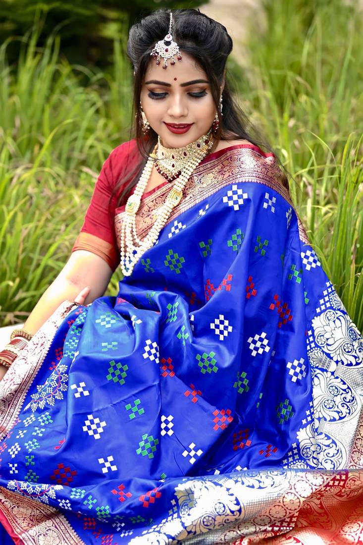 Blue Sambhalpuri Satin Silk Saree With Passapalli Resham Embroidry Work Saree