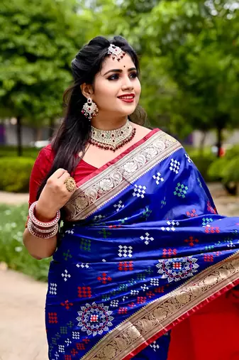 Blue Sambhalpuri Satin Silk Saree With Passapalli Resham Embroidry Work Saree