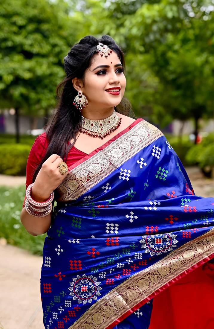 Blue Sambhalpuri Satin Silk Saree With Passapalli Resham Embroidry Work Saree