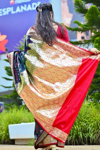 Navy_Blue Sambhalpuri Satin Silk Saree With Passapalli Resham Embroidry Work Saree