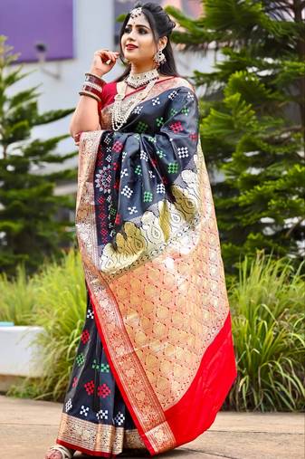 Navy_Blue Sambhalpuri Satin Silk Saree With Passapalli Resham Embroidry Work Saree