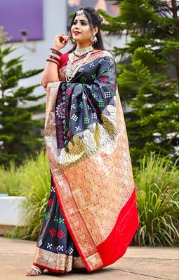 Navy_Blue Sambhalpuri Satin Silk Saree With Passapalli Resham Embroidry Work Saree 1