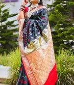 Navy_Blue Sambhalpuri Satin Silk Saree With Passapalli Resham Embroidry Work Saree
