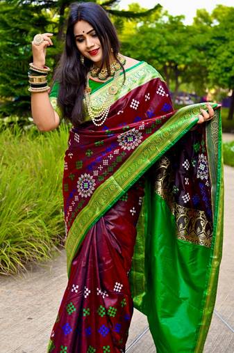 Wine Sambhalpuri Satin Silk Saree With Passapalli Resham Embroidry Work Saree