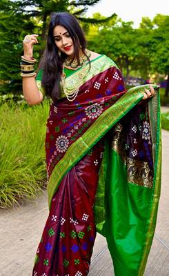 Wine Sambhalpuri Satin Silk Saree With Passapalli Resham Embroidry Work Saree 1