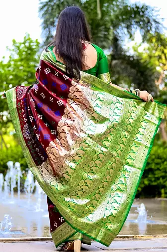 Wine Sambhalpuri Satin Silk Saree With Passapalli Resham Embroidry Work Saree