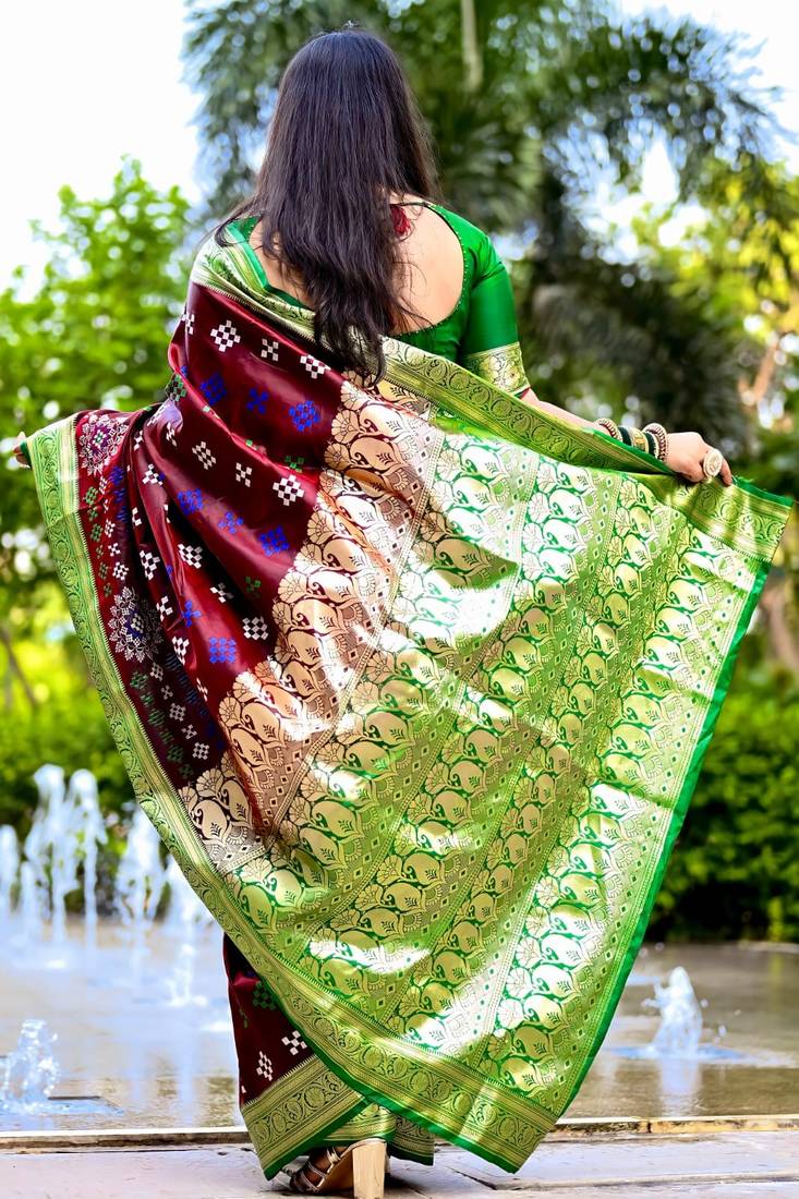 Wine Sambhalpuri Satin Silk Saree With Passapalli Resham Embroidry Work Saree