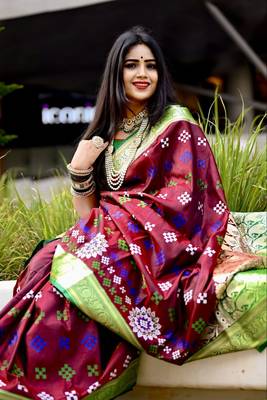 Wine Sambhalpuri Satin Silk Saree With Passapalli Resham Embroidry Work Saree 3