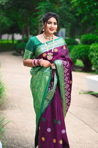 Wine Sambhalpuri Satin Silk Saree With Passapalli Resham Embroidry Work Saree