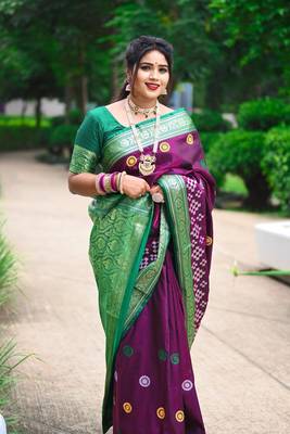 Wine Sambhalpuri Satin Silk Saree With Passapalli Resham Embroidry Work Saree 1