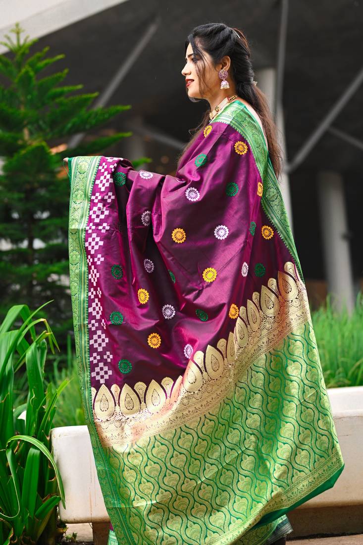 Wine Sambhalpuri Satin Silk Saree With Passapalli Resham Embroidry Work Saree
