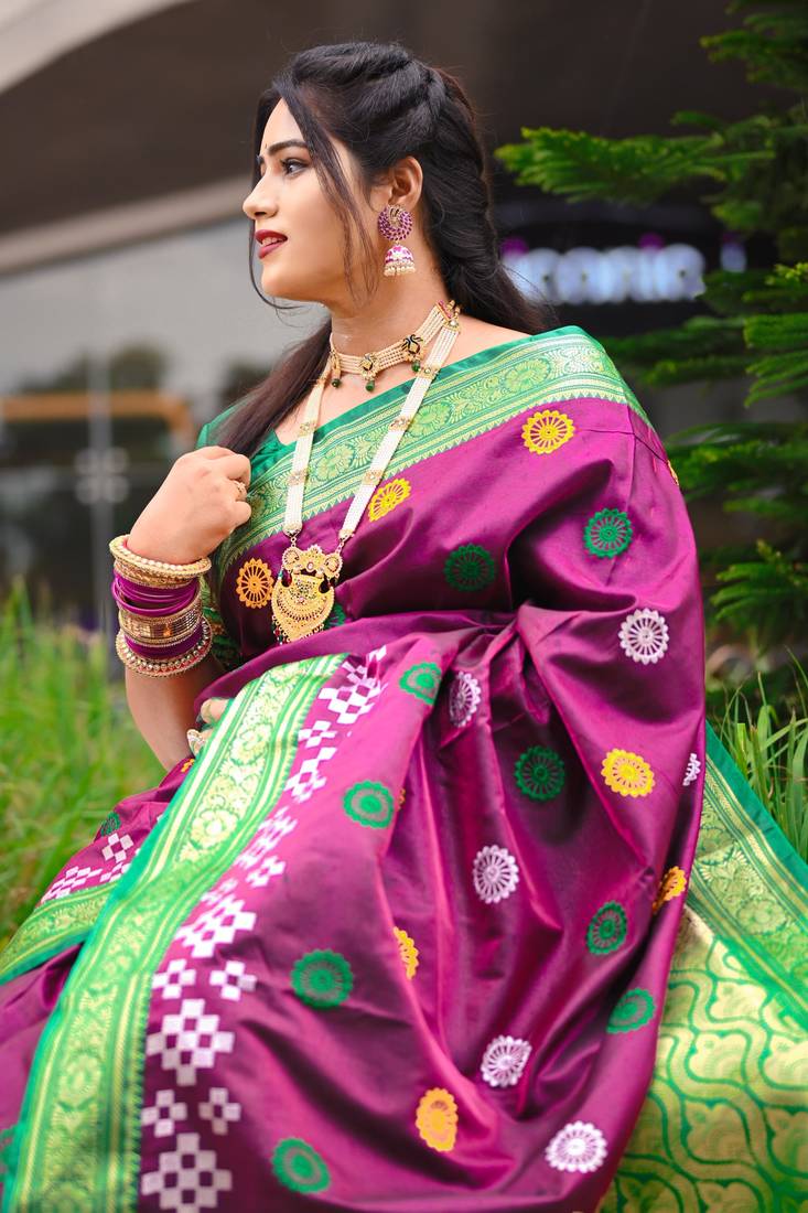 Wine Sambhalpuri Satin Silk Saree With Passapalli Resham Embroidry Work Saree