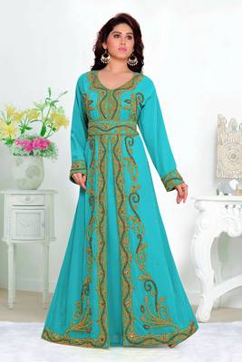 Cyan color Full Sleeves Handmade Moroccan Kaftan with hijjab 1
