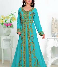 Cyan color Full Sleeves Handmade Moroccan Kaftan with hijjab