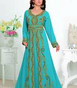 Cyan color luxurious Full Sleeves Handmade Moroccan Kaftan with hijjab