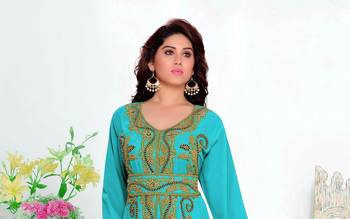 Cyan color Full Sleeves Handmade Moroccan Kaftan with hijjab 2